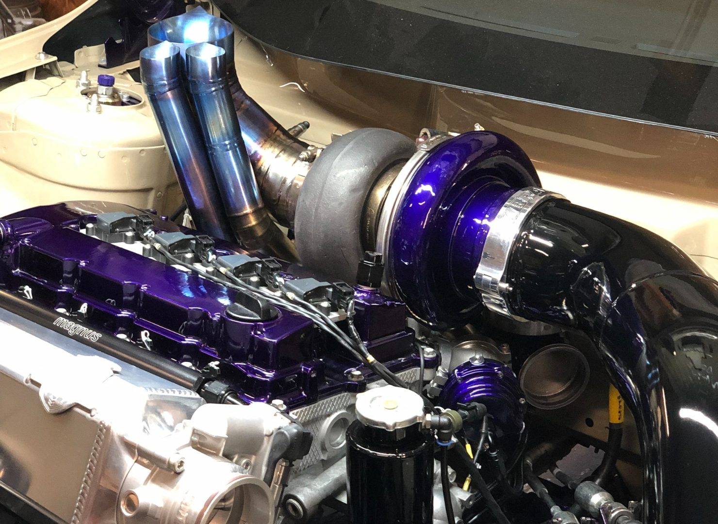 Custom turbo setup with purple piping in an Evo X