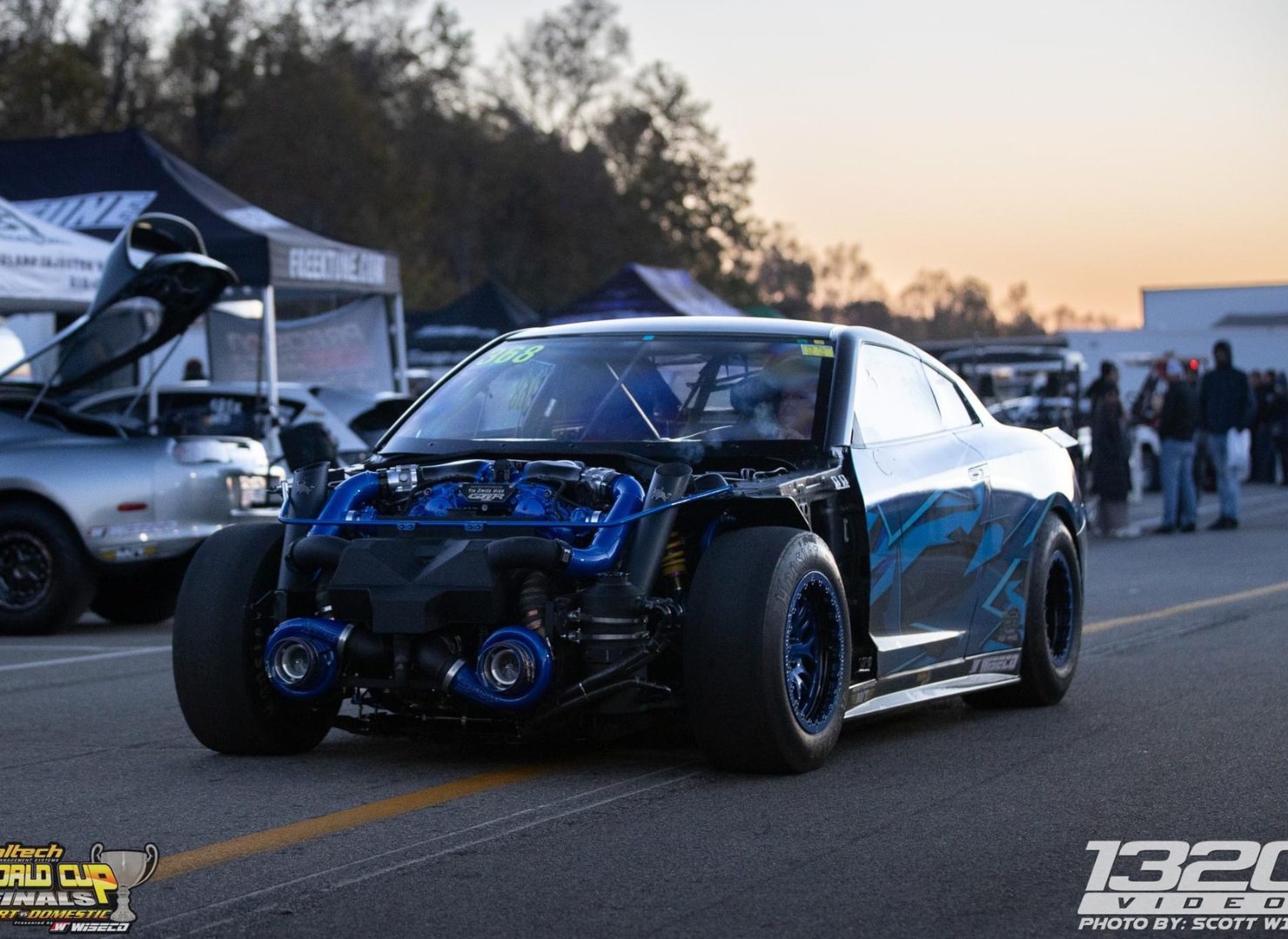Ryan's blue and black R35 GTR drag car at the track