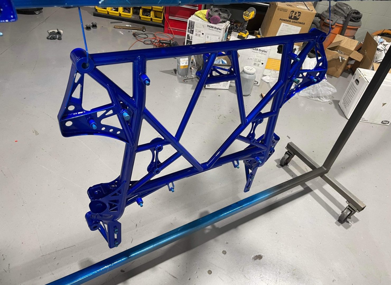 Blue tubular front subframe fabricated for the R35 GTR