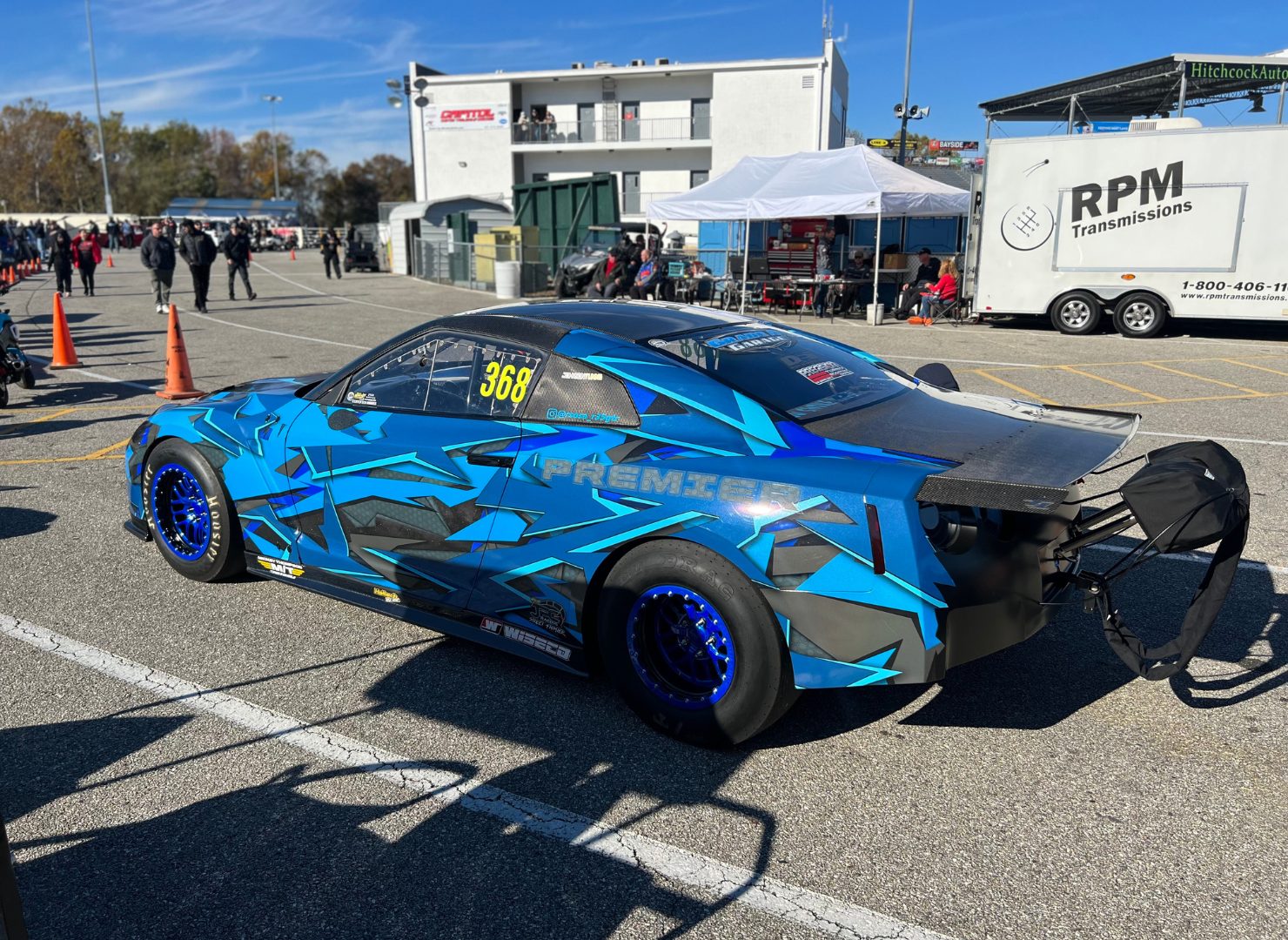 Blue and black R35 GTR drag car at a racing event