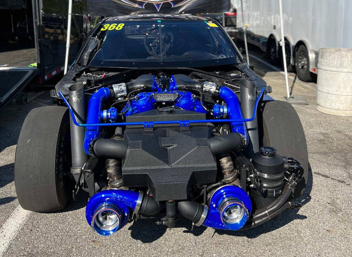 Twin-turbo engine installed in the blue and black R35 GTR