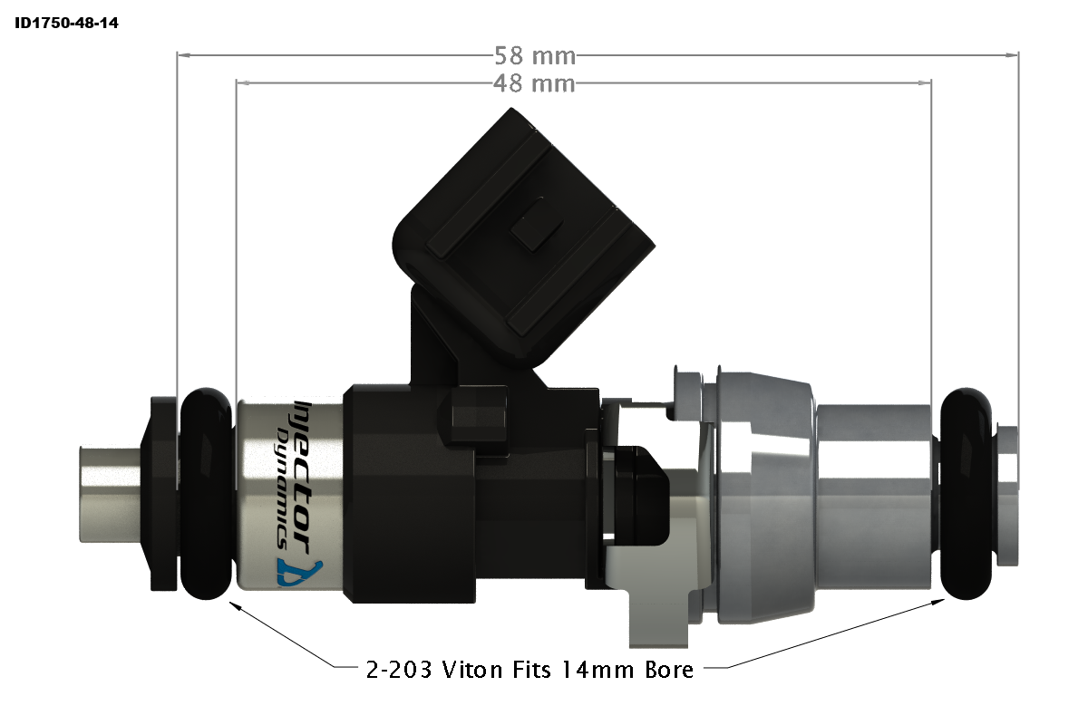 Dimensional drawing of ID1750-XDS injector with 48mm body and 14mm O-rings; R35 sets use an R35 lower spacer