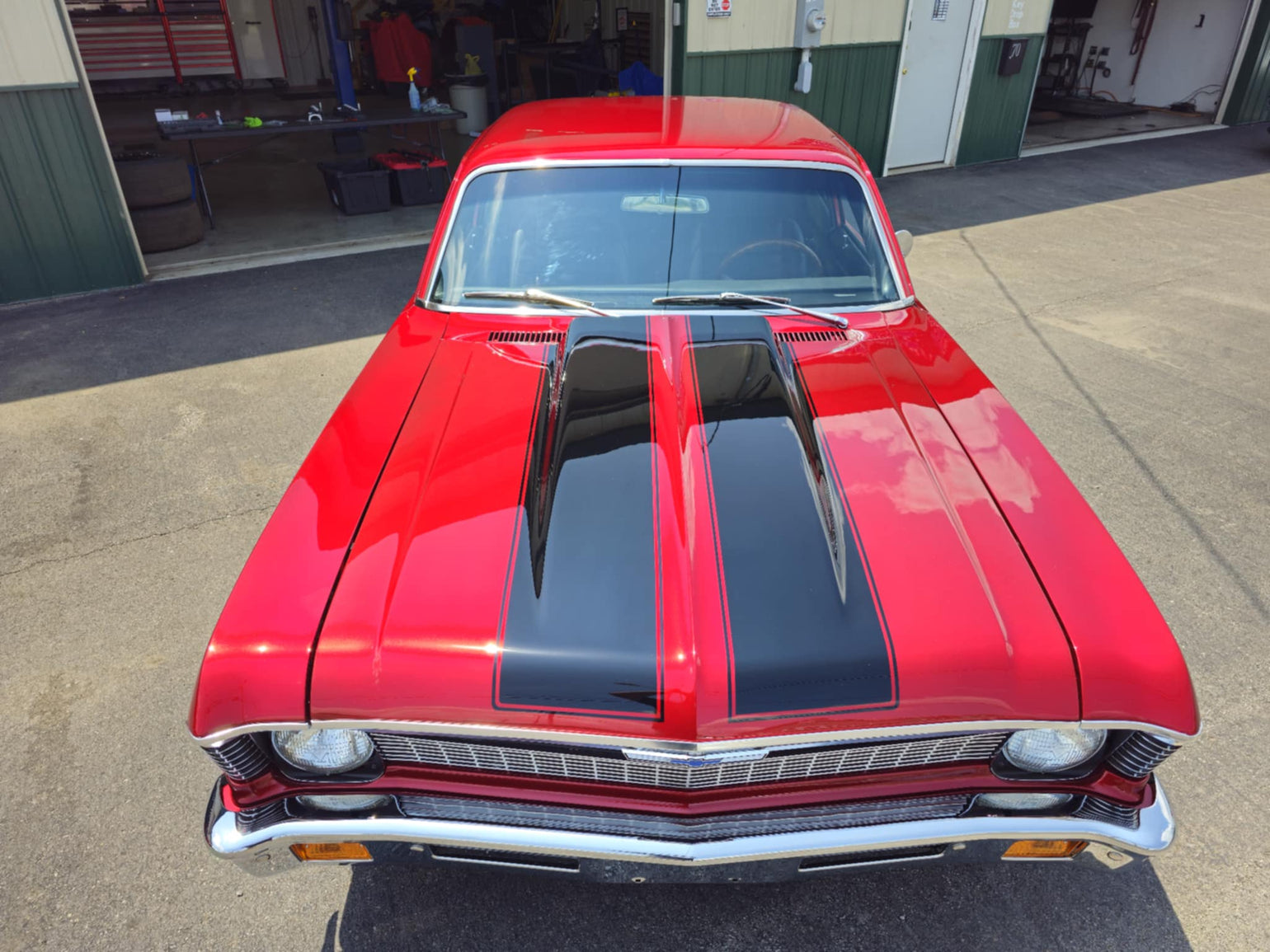 1970 Chevrolet Nova front view with black hood stripes