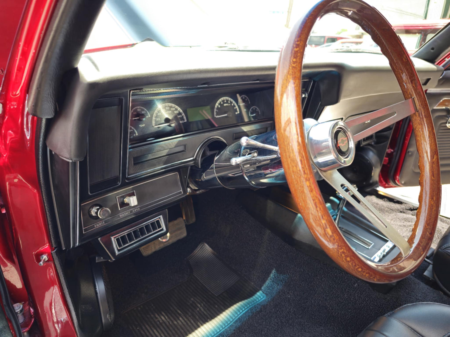 Restored dashboard and steering wheel in the 1970 Chevrolet Nova restomod