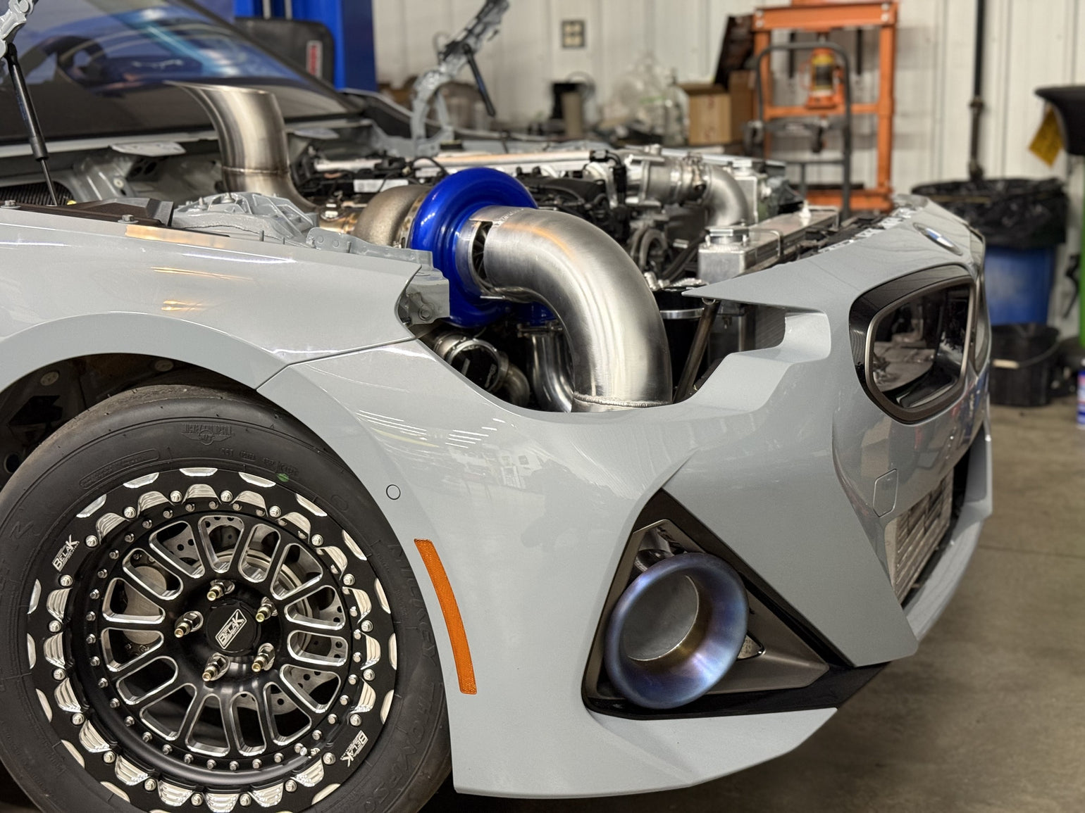 Finished BMW M240 build with exposed turbo piping