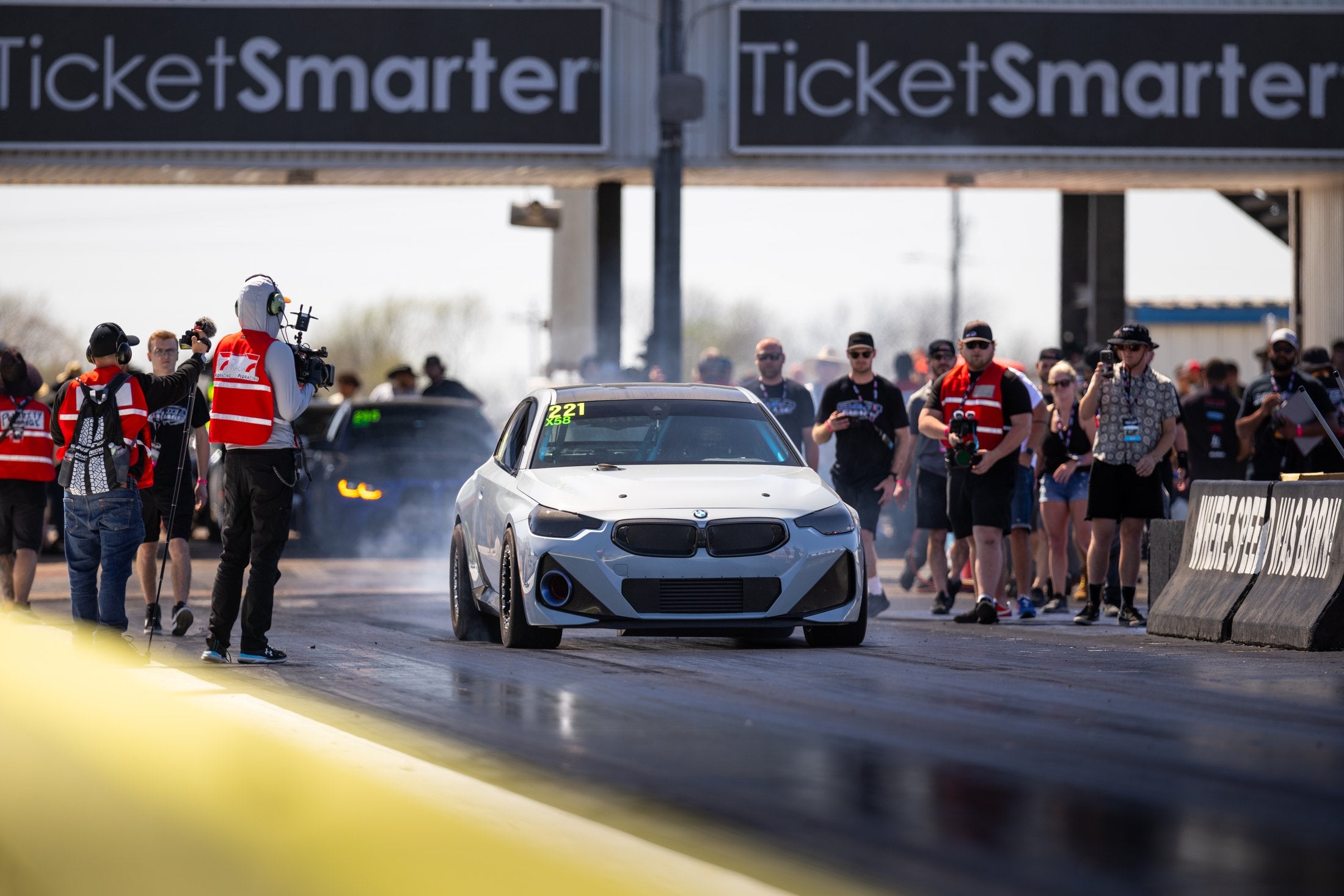 Grade A Garage BMW M240 performing a burnout at the drag strip