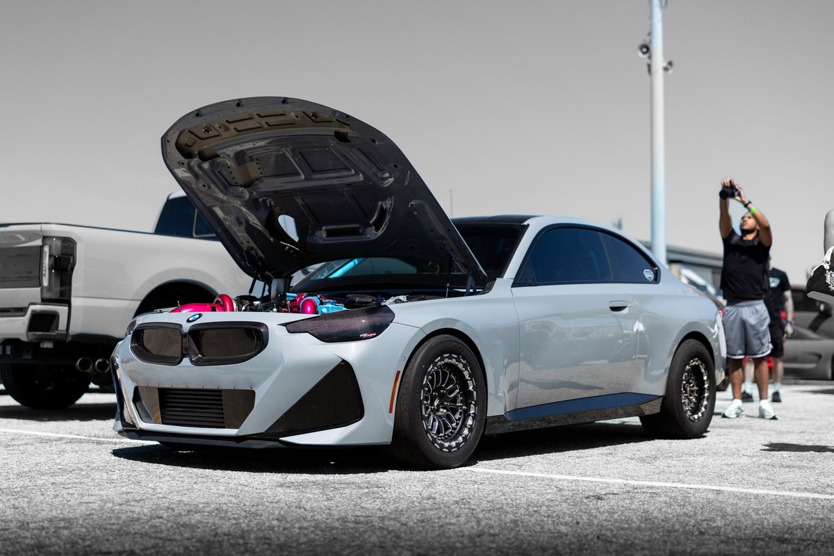 Front view of the Grade A Garage BMW M240 at the drag strip